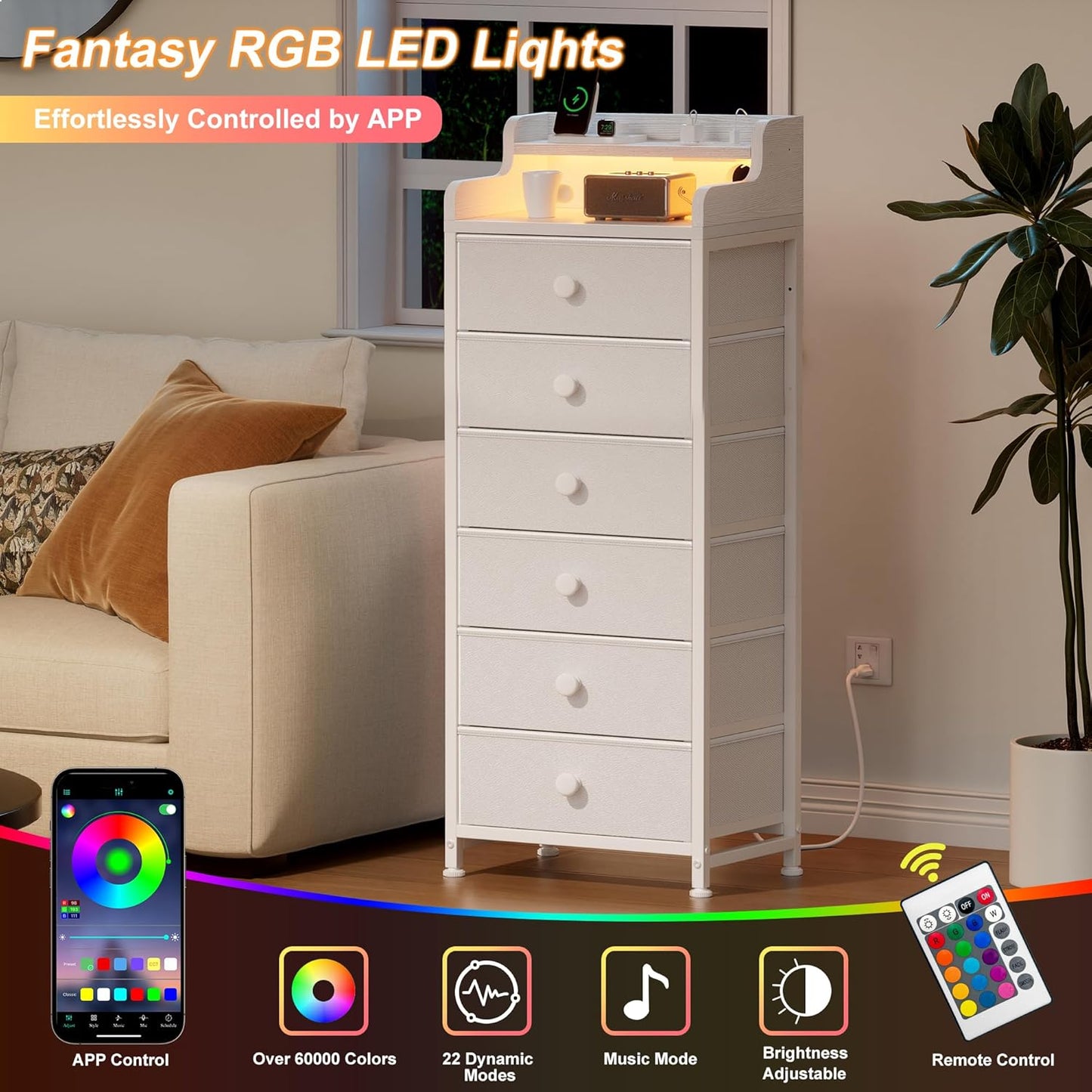 Elegant White Bedroom Dresser - Integrated Charging Station, LED Lighting, Durable Steel Frame, Wood Top - Leather White Finish