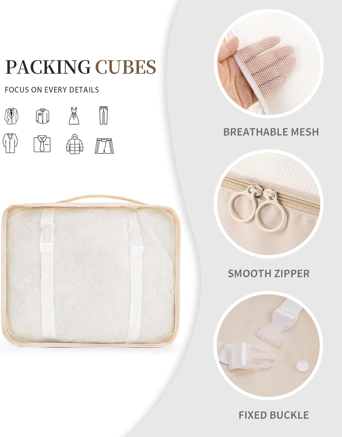11-Piece Packing Cube Set for Travel - Space-Saving, Water-Resistant Luggage Organizers in Beige