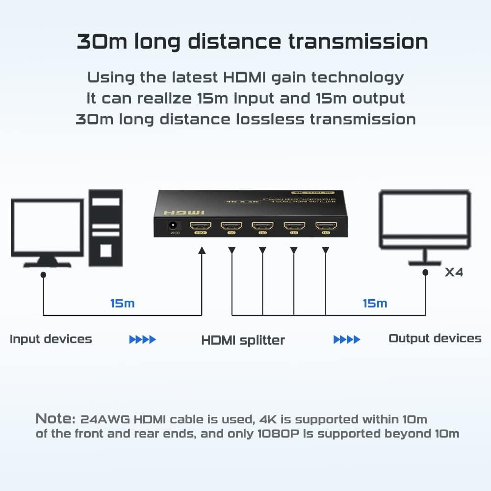 4K HDMI Splitter 1x4 - Supports 4K 60Hz, Full HD 1080P, and 3D, Compatible with Xbox, PS3/4, Roku, and Blu-Ray Players