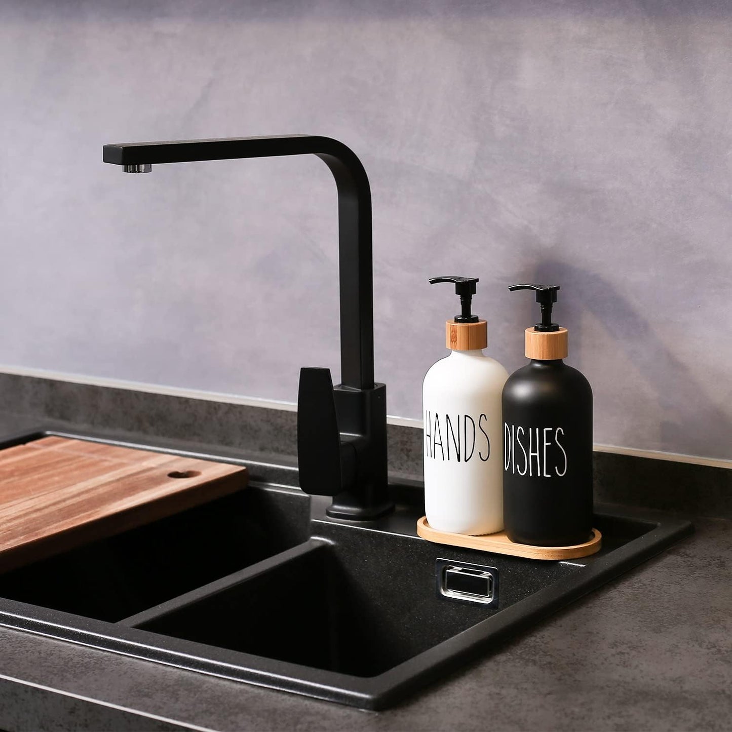 Elegant Glass Soap Dispenser Set with Hand Soap and Dish Soap Dispensers - Black & White
