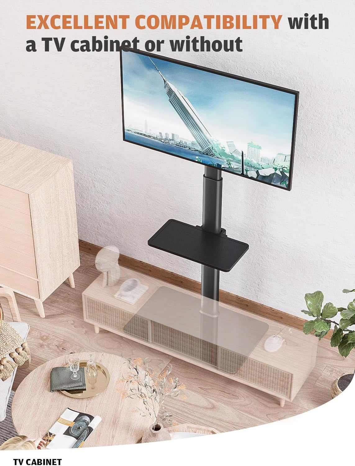 Universal Floor TV Stand with Mount - 80-Degree Swivel, Height Adjustable for 27 to 65 Inch TVs with 2 Shelves