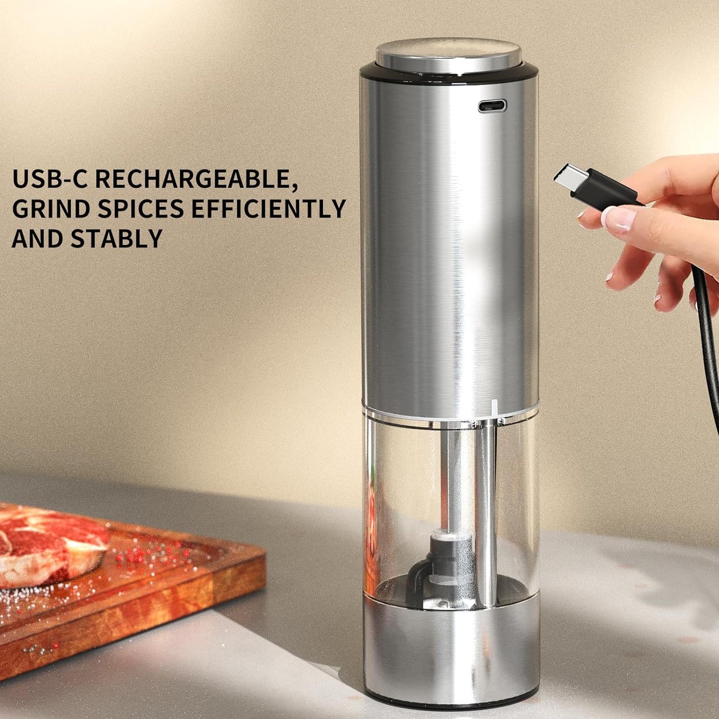 Rechargeable Electric Salt and Pepper Grinder Set with Adjustable Coarseness and Washable 95ml Transparent Container
