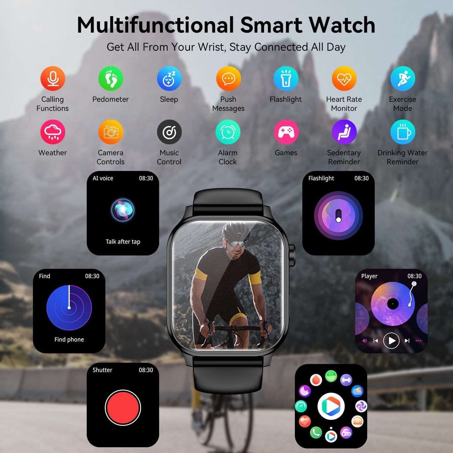 Premium Bluetooth Smart Watch for Men and Women - 1.85" HD Touch Screen Fitness Tracker with IP67 Waterproof Rating, Heart Rate and Sleep Monitoring, 100+ Sports Modes, Compatible with iOS and Android (Black)