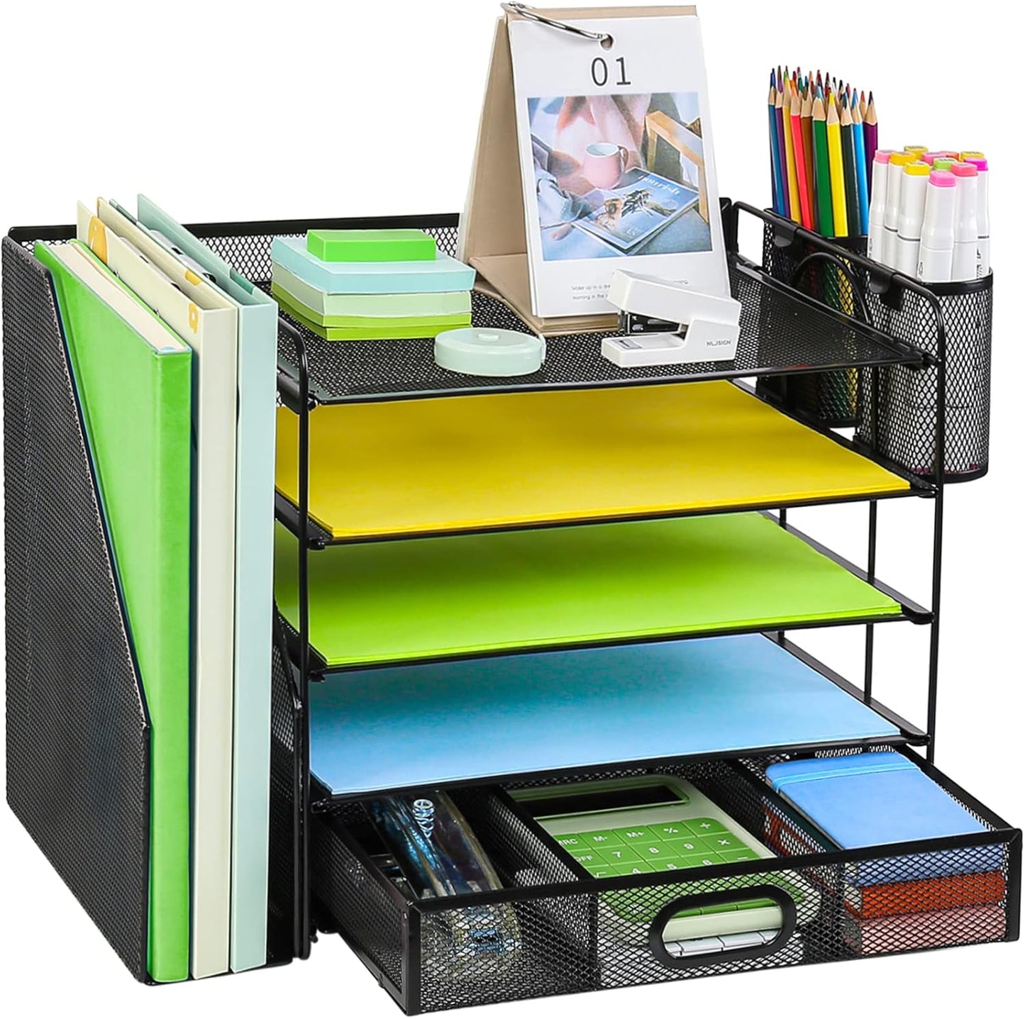 4-Tier Mesh Desk Organizer with File Holder, Drawer, and Pen Holders for Office Supplies