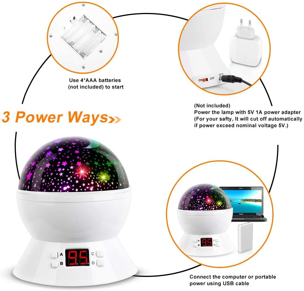 Star Projector Night Light with Timer for Children, Ages 1-14, Glow-in-the-Dark Stars and Moon for Peaceful Sleep - White