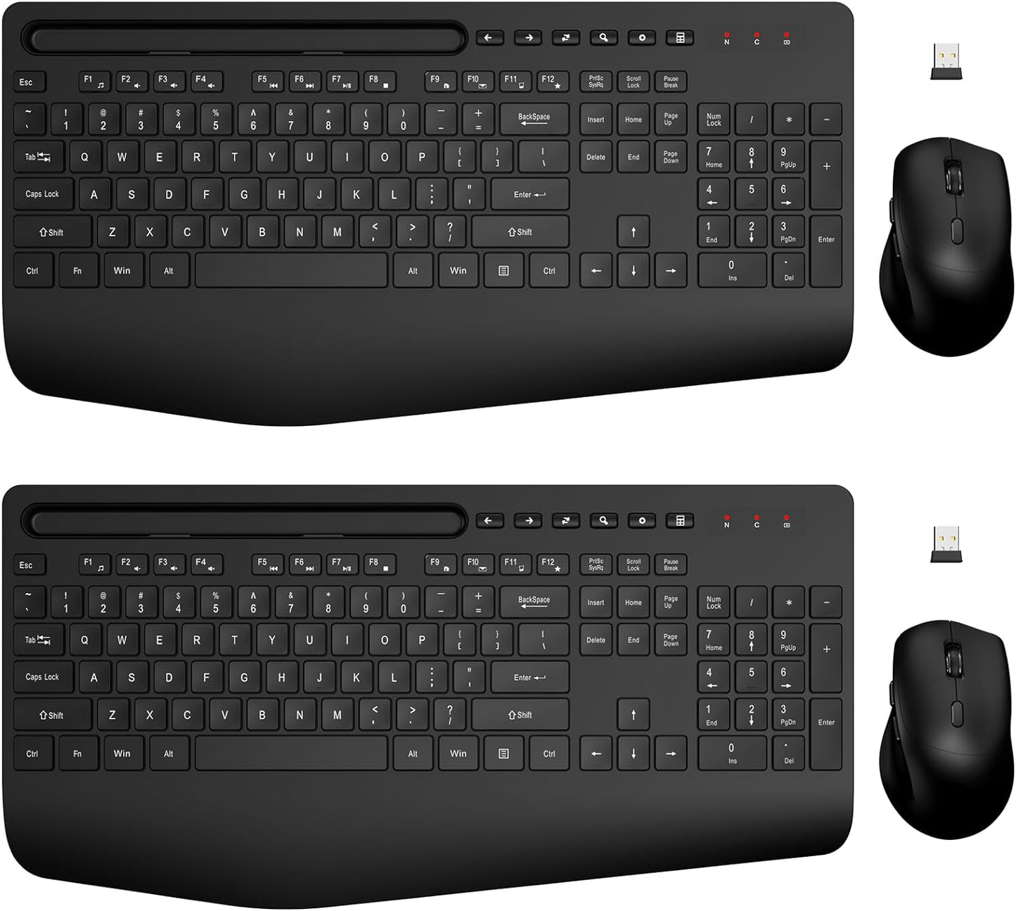 Wireless Ergonomic Keyboard and Mouse Combo - Full-Sized Design with Wrist Rest, Phone Holder, Sleep Mode, and Silent 2.4GHz Connectivity (Black)