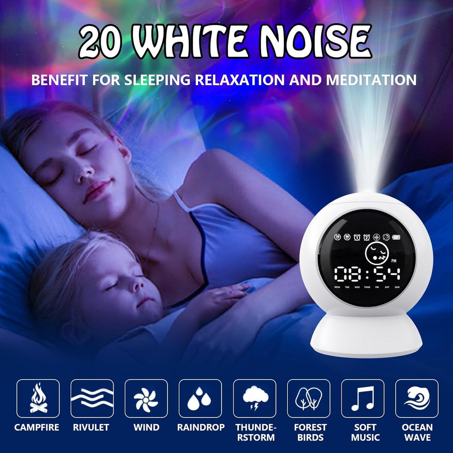LED Star Projector Alarm Clock - Bluetooth Speaker, White Noise, Timer, Remote Control - Rechargeable Galaxy Night Light