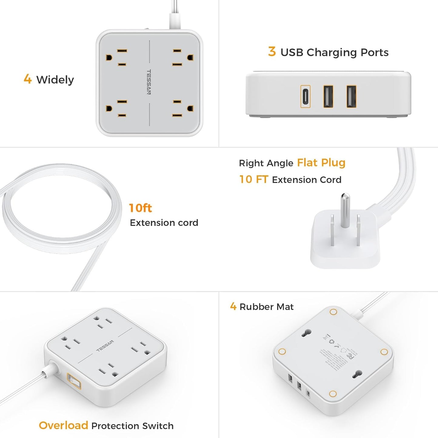 Flat Plug Power Bars Surge Protector, Flat Extension Cord Indoor 10 Feet, Power Strip with 4 Multiple Outlets 3 USB Ports (1 USB C), Surge Protection for Dorm Room Home Office, Gray