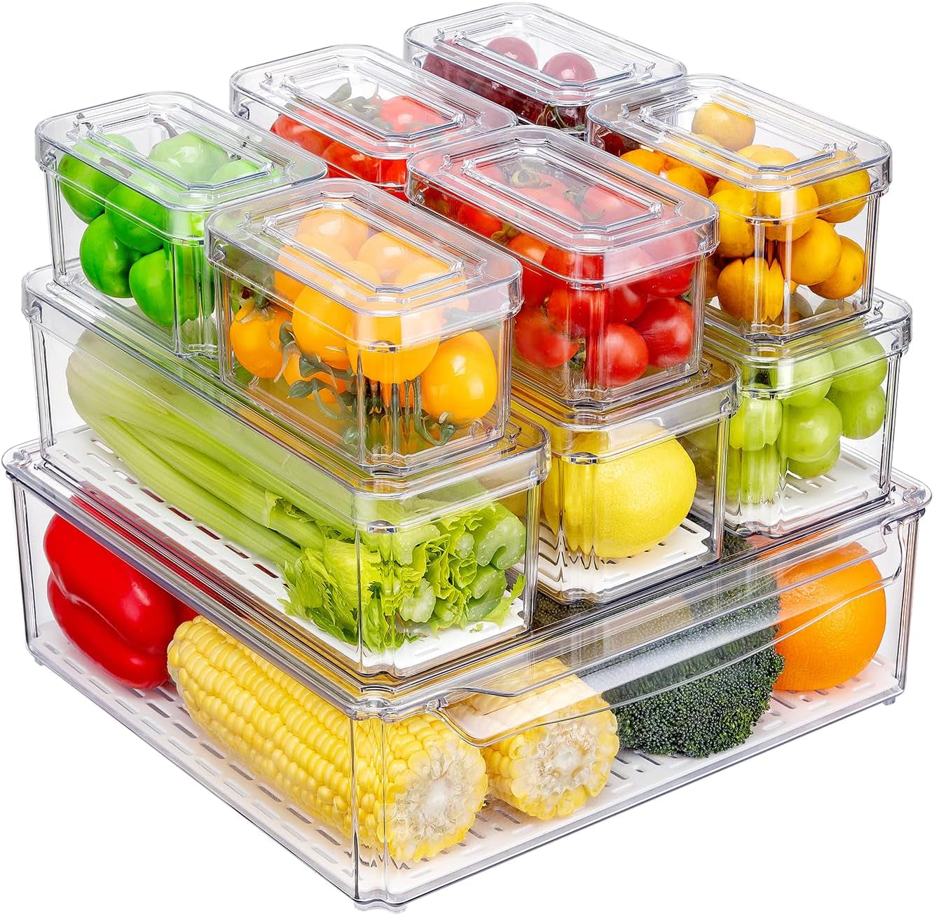 10-Pack Stackable BPA-Free Fridge Organizers with Lids, Clear Produce Storage Bins for Fruits, Vegetables, Snacks, and Eggs