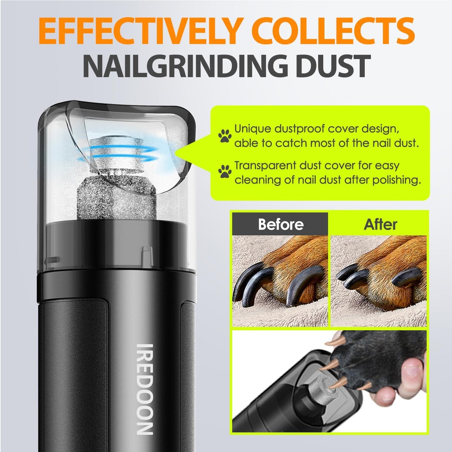 Dog Nail Grinder - 3-Speed Electric Pet Nail Tool - Low Vibration, Super Quiet Operation, 4 LED Lights, Small, Large Dogs (Black)