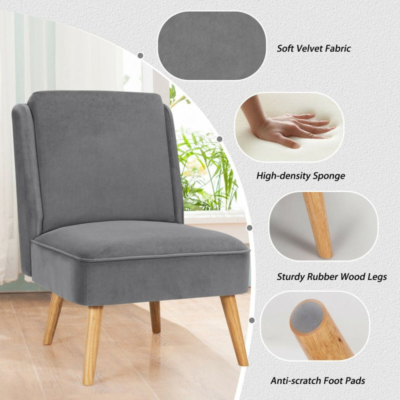Velvet Armless Accent Chair with Rubberwood Legs for Bedroom Decor