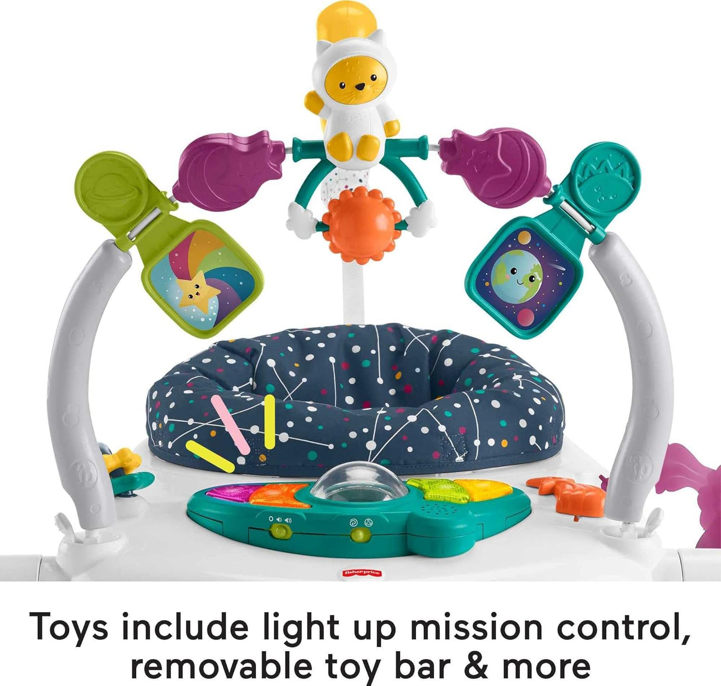 Astro Kitty Baby Bouncer and Activity Center with Lights, Sounds, and Space-Saving Folding Frame