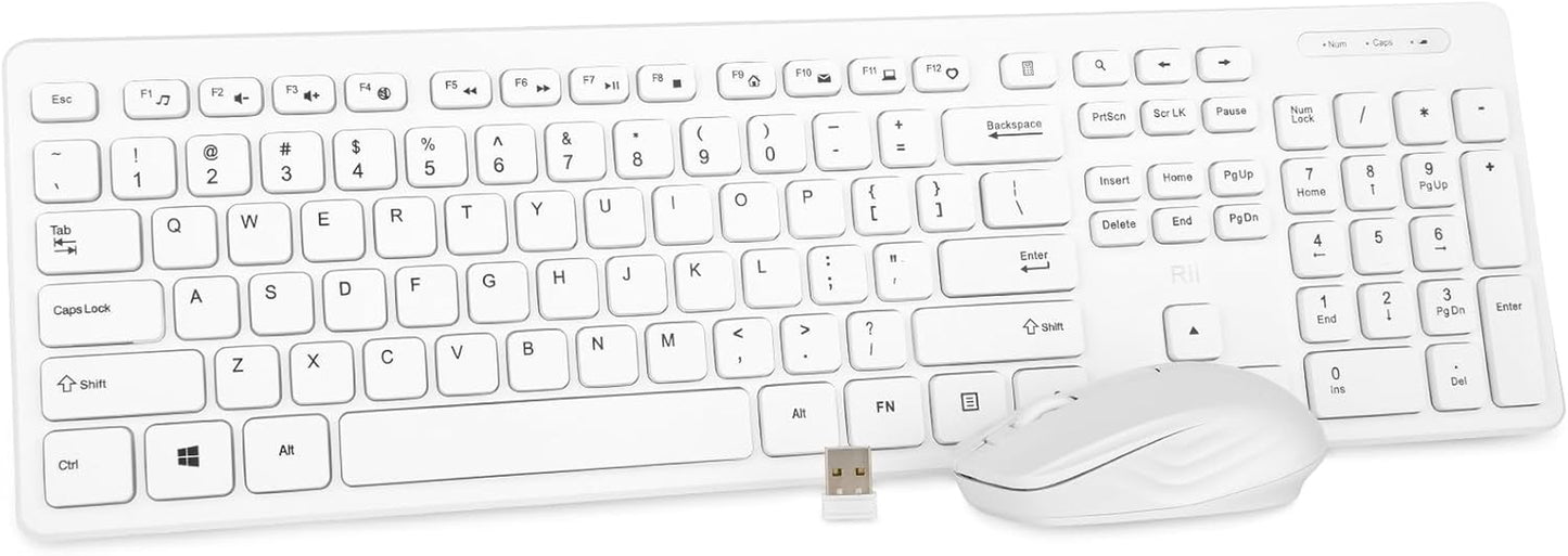 Wireless Full-Size Keyboard and Mouse Combo, Quiet-Typing Set for PC, Office, and School (White)