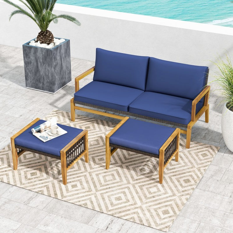 Acacia Wood Patio Ottomans with Cushions and Versatile Rattan Woven Footstools