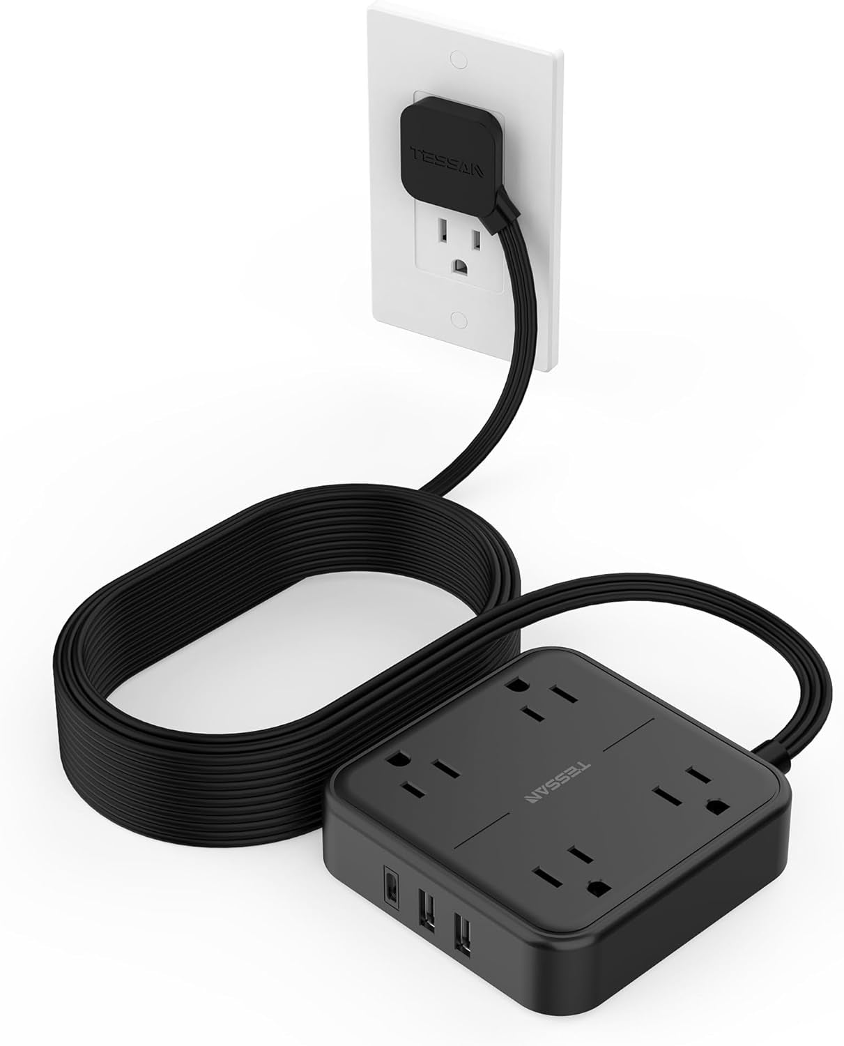 Flat Plug Power Strip with Surge Protection, 5-Foot Extension Cord, 4 Outlets and 3 USB Ports (1 USB-C), Gray
