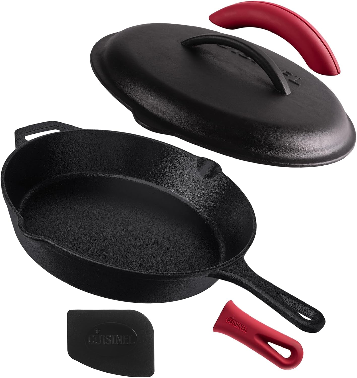 12-Inch Pre-Seasoned Cast Iron Skillet with Lid - Complete Frying Pan Set with Silicone Handle, Lid Holders, and Scraper/Cleaner for Versatile Indoor/Outdoor Cooking
