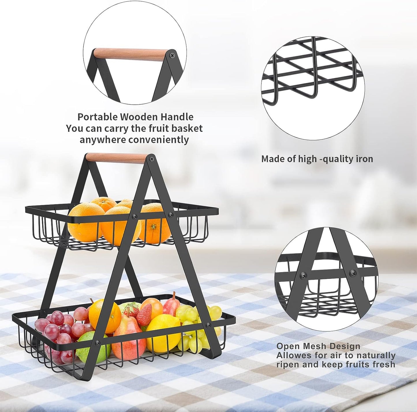 2-Tier Portable Countertop Fruit Basket for Kitchen and Dining Room Organization - Detachable Metal Rectangle Storage