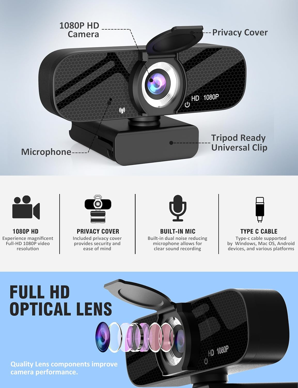 Full HD 1080P Webcam - Wide Angle Lens, Integrated Microphone, Adjustable Tripod - Laptop Desktop - Live Streaming, Video Conferencing (Black)