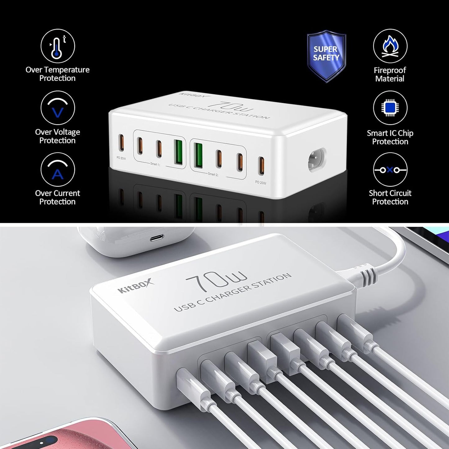 70W Multiport USB-C Charging Station with PD3.0 Fast Charge Port - Smart Power Adapter for iPhone, iPad, Samsung, and More