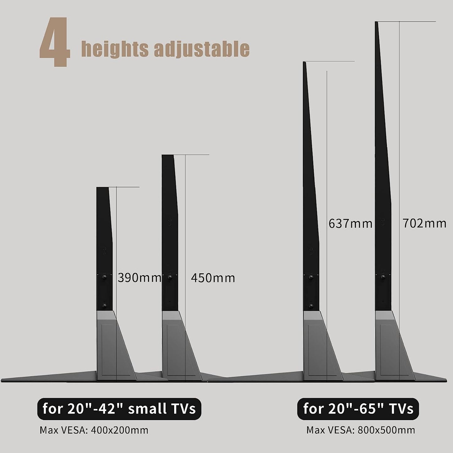 Universal TV Stand with Adjustable Metal Legs for 22-65 Inch Flat and Curved Screens, VESA 75x75mm to 800x400mm