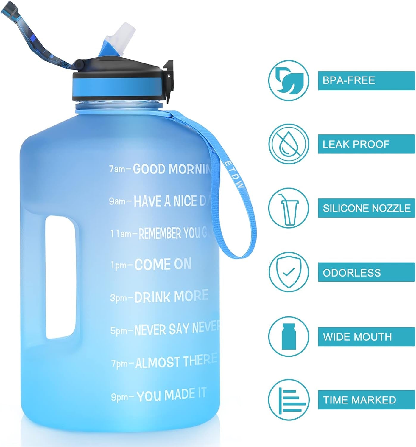 74OZ BPA-Free Gallon Water Bottle with Straw and Time Marker, Leakproof Fitness Container with Handle
