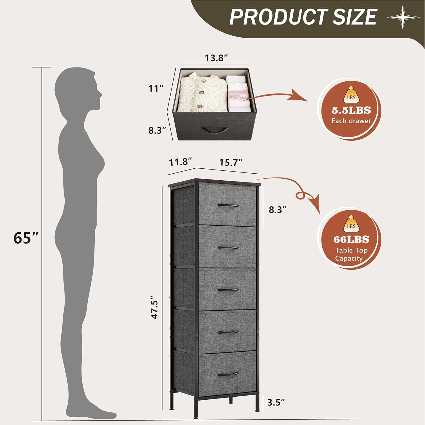 5-Drawer Tall Dresser for Bedroom, Fabric Dresser, Storage Dresser Organizer with Fabric Bins, Wood Top, Sturdy Steel Frame, Chest of Drawers for Closet, Hallway (Dark Grey)