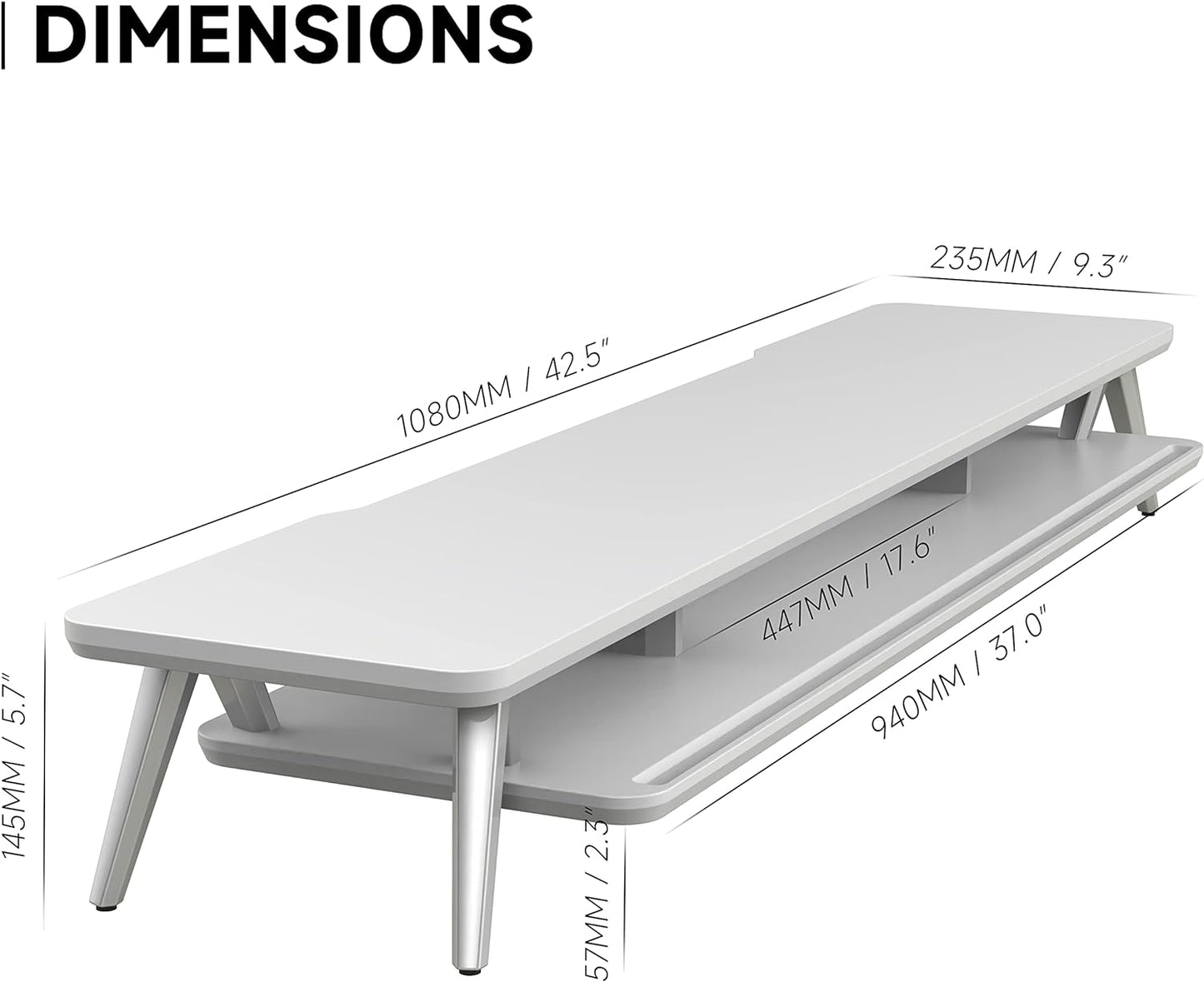 Dual Monitor Stand with Storage Organizer and Cable Management, 42.5-Inch Wooden Desk Shelf for Office Use (White)
