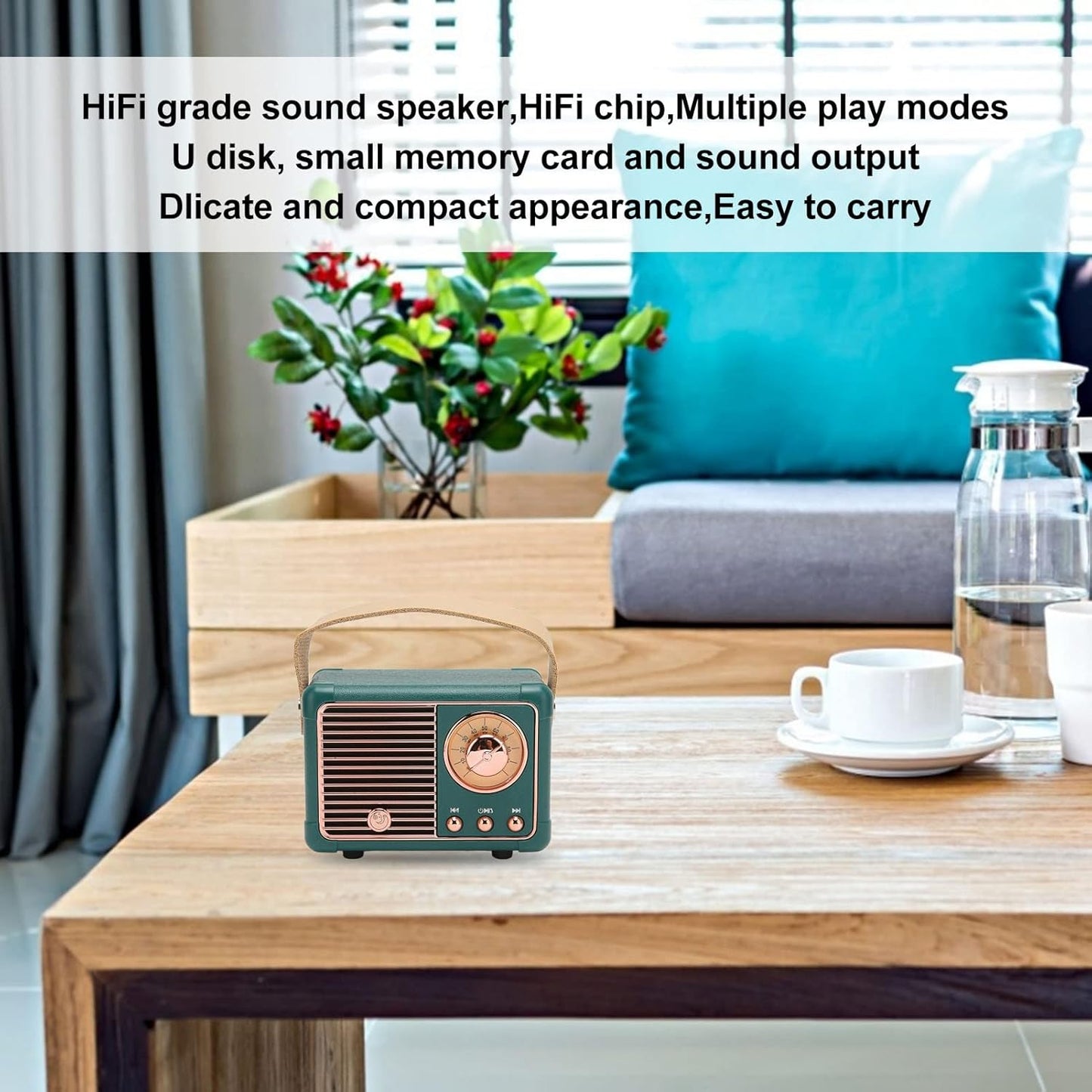 Mini Bluetooth Speaker Vintage Speaker - 50Hz to 18Khz Hifi Stereo Retro Bluetooth Speaker with Long Battery Life (Green)