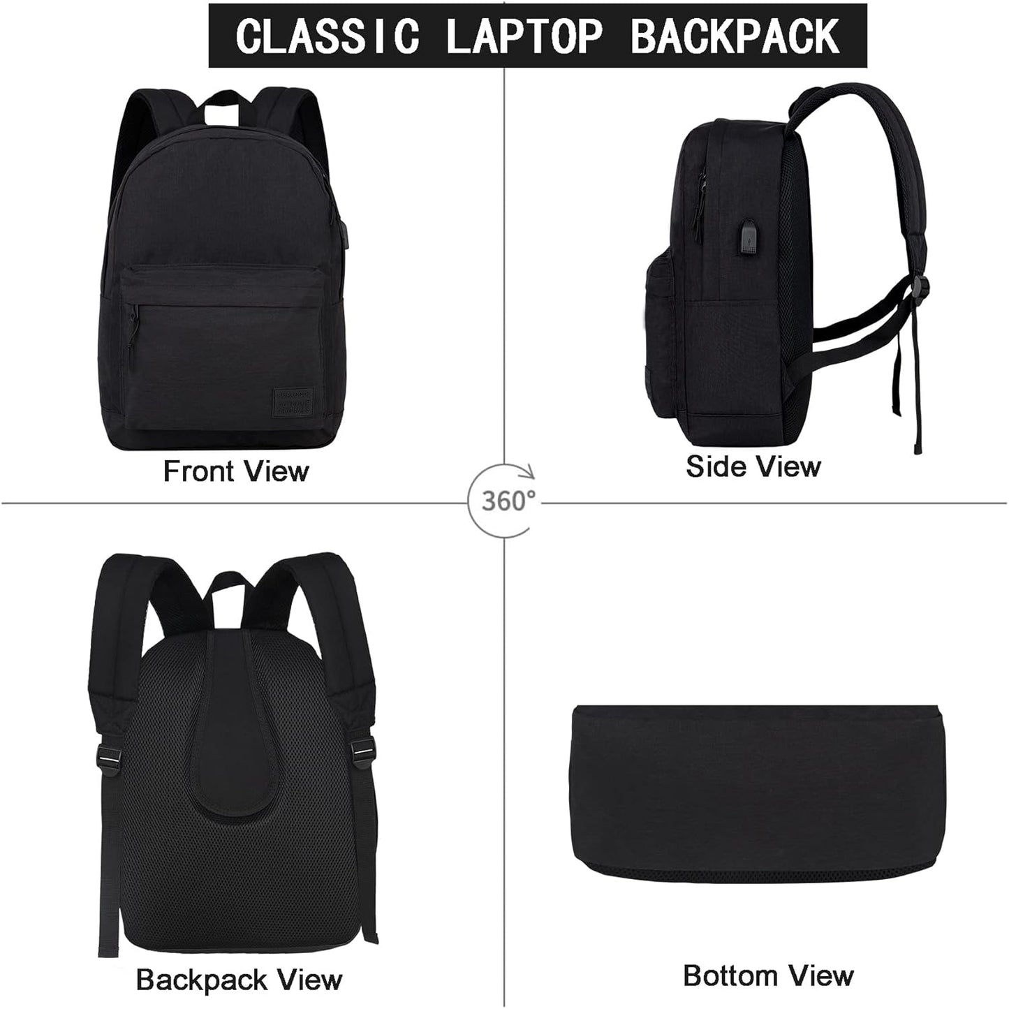 Lightweight Casual Laptop Backpack with USB Charging Port for Men and Women - Dark Black College Bookbag