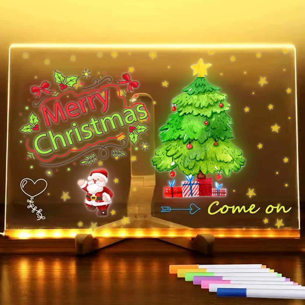 Colorful LED Acrylic Message Board with Adjustable Stand, Clear Memo Letter Board (7.9 x 7.9 inches)