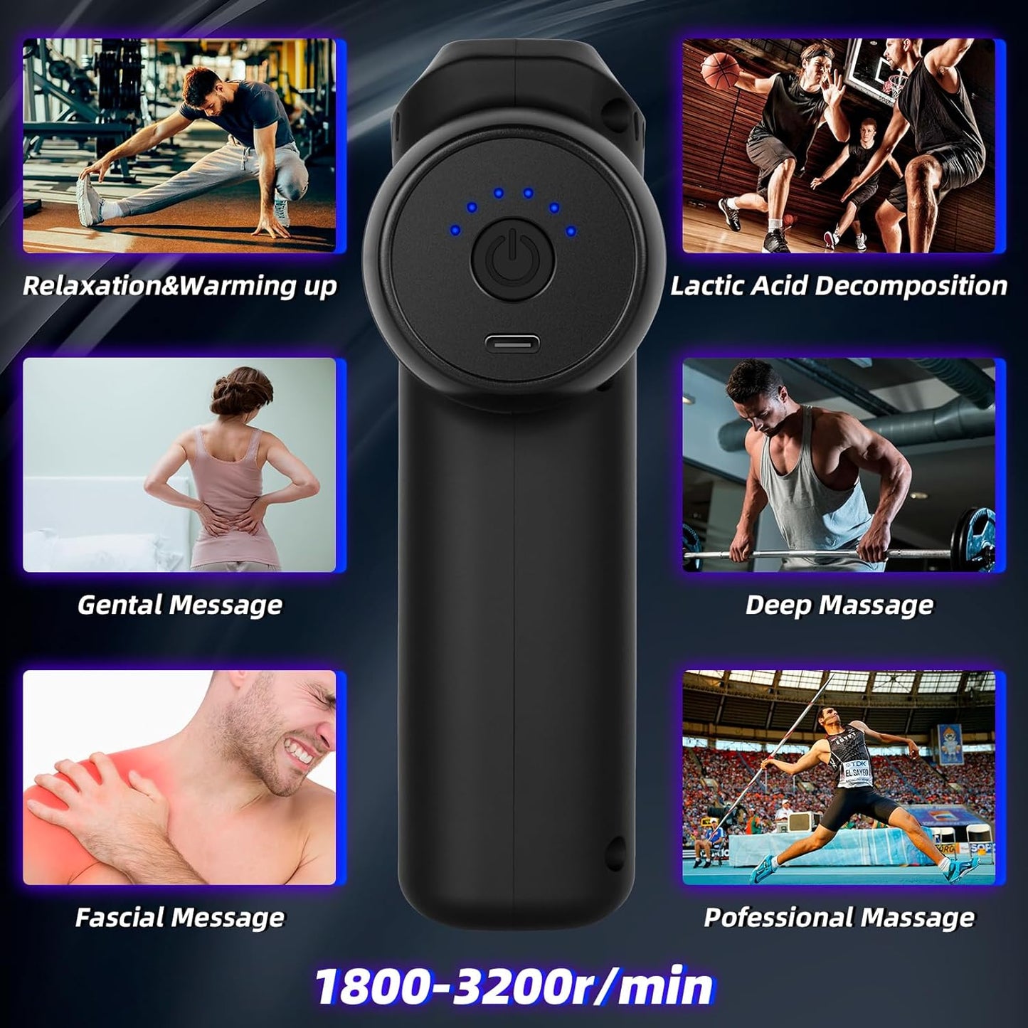 Portable Deep Tissue Massage Gun with 6 Speed Settings for Muscle Relaxation and Relief - Back