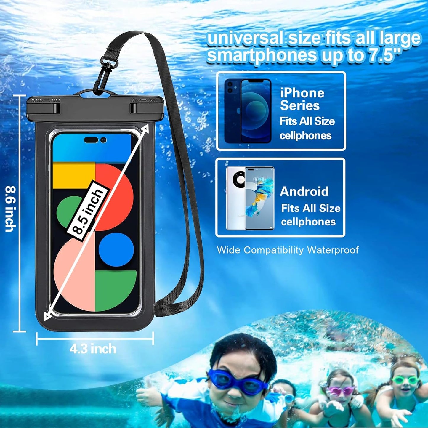 4-Pack Multicolor Universal Waterproof Phone Pouch - Large IP68 Waterproof Case , Compatible with Devices Up to 7.5"