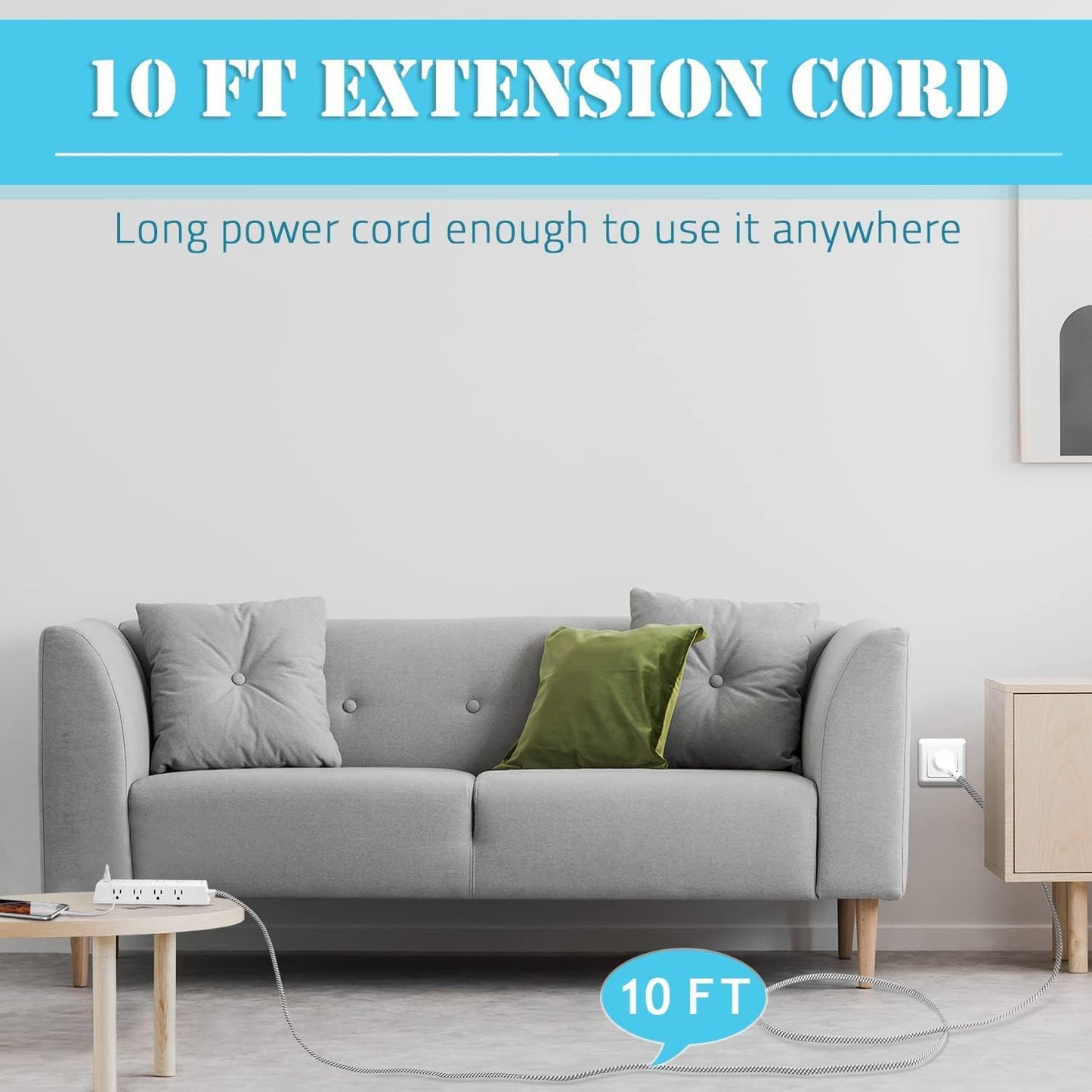 Surge Protector Power Bar - 10 FT Extension Cord, Power Strip - 12 Widely AC Outlet 3 USB, Flat Plug, Wall Mount Overload Protection, 1050J