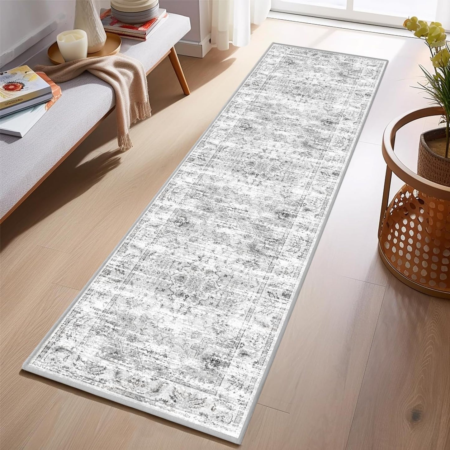 Boho Non-Slip Washable Runner Rug for Hallway and Kitchen, 2x5 Ft Light Grey Area Mat for Bedroom, Bath, Laundry, and Entryway