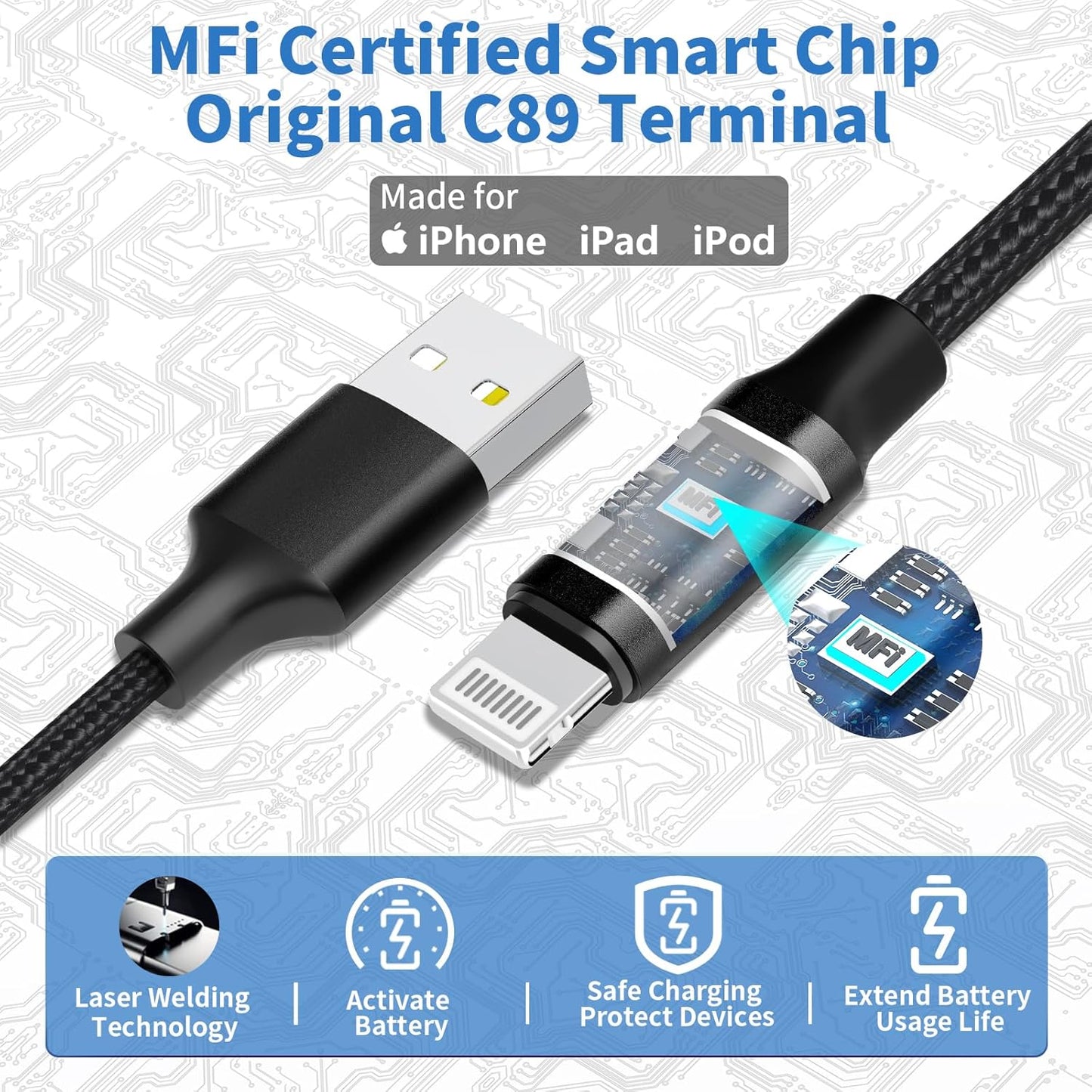 Apple MFi Certified Fast Charging Car Charger with 4.8A Output and 6FT Coiled Lightning Cable