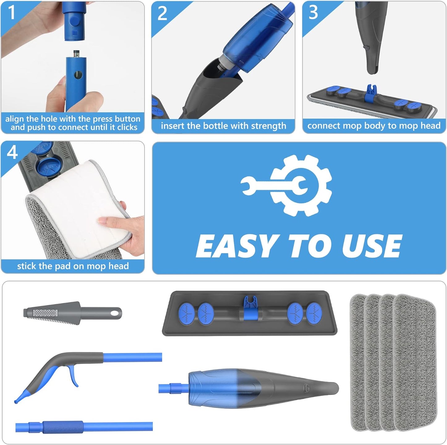 Professional Spray Mop for Efficient Floor Cleaning - Microfiber Flat Mop with Refillable 635ML Bottle and 4 Washable Pads for Hardwood, Laminate, Tile, Wood, Ceramic, and Vinyl Surfaces in Home and Kitchen