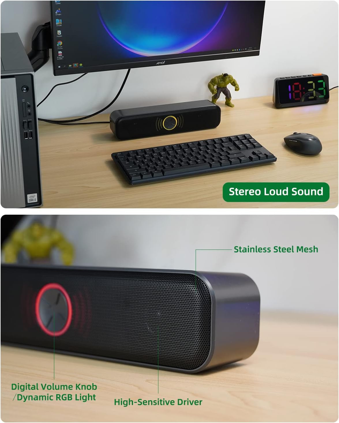 USB Desktop and Laptop Speakers with Enhanced Bass, Stereo Sound, Dynamic RGB Lighting, and Digital Volume Control