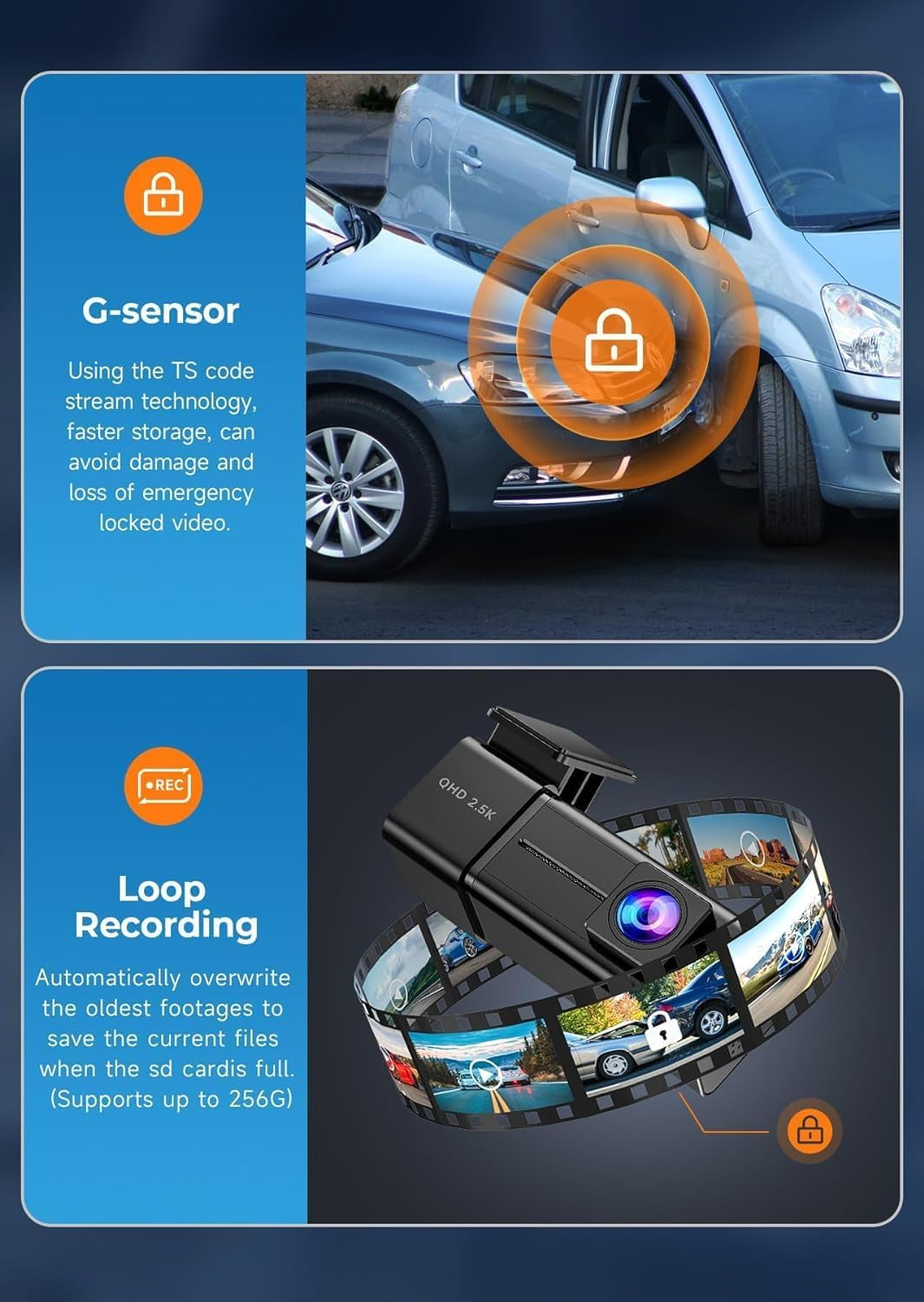 2.5K WiFi Dash Cam with Night Vision, G-Sensor, Loop Recording, and 24-Hour Parking Mode - Includes Free 32GB SD Card, Up to 256GB