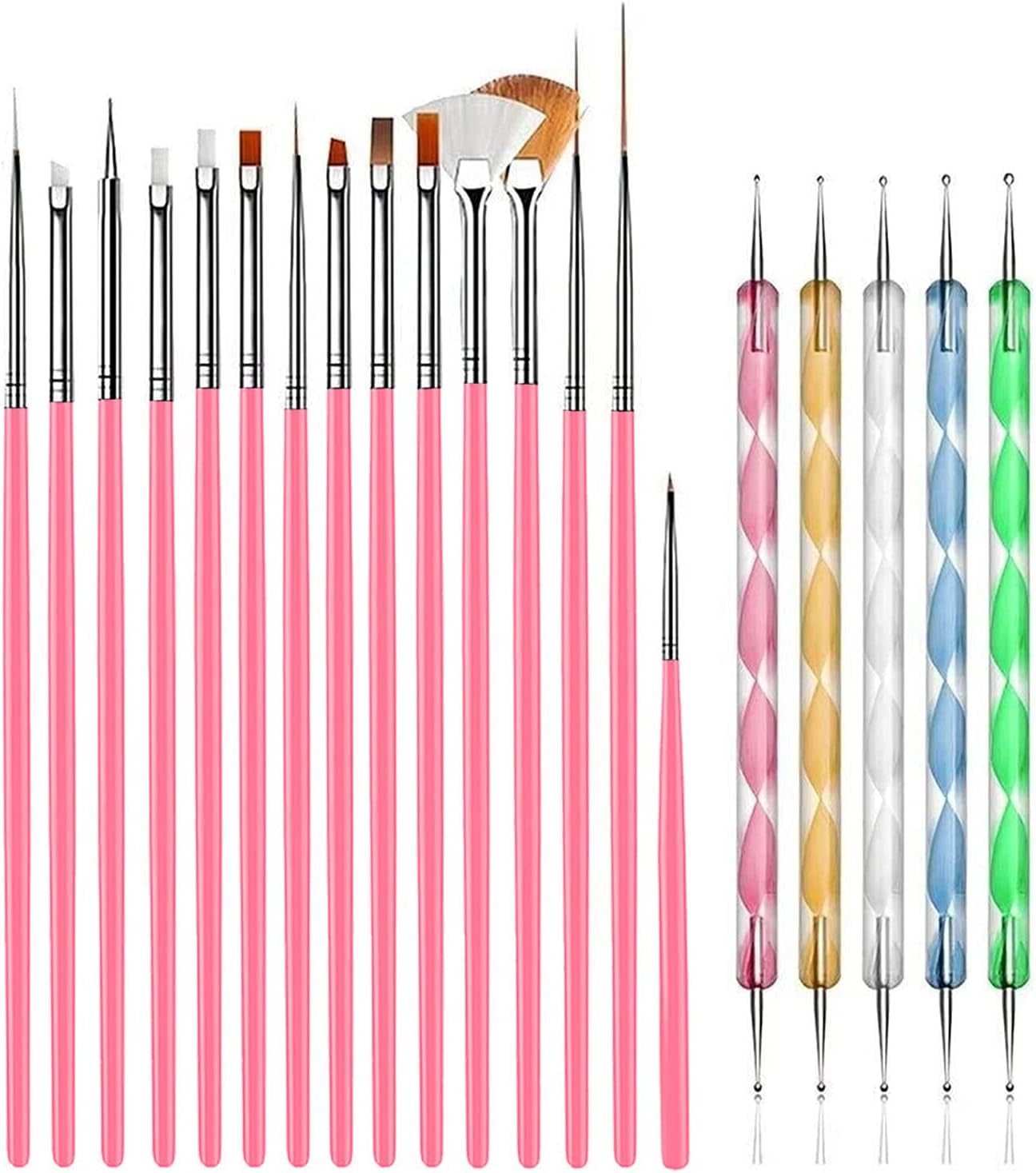 20-Piece Professional Nail Art Design Tools Set: 15 Nail Art Brushes and 5 Dotting Pens in Pink