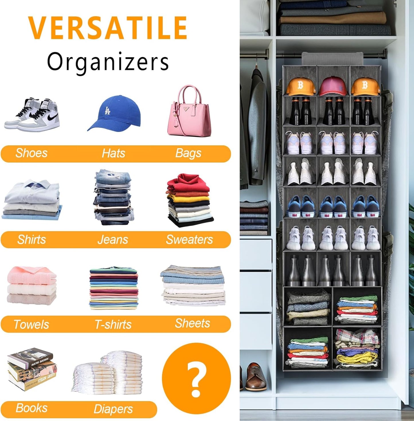 Hanging Shoe Organizer with 25 Sections and 4 Large Side Pockets for Closet Storage - Collapsible Shoe Rack in Gray