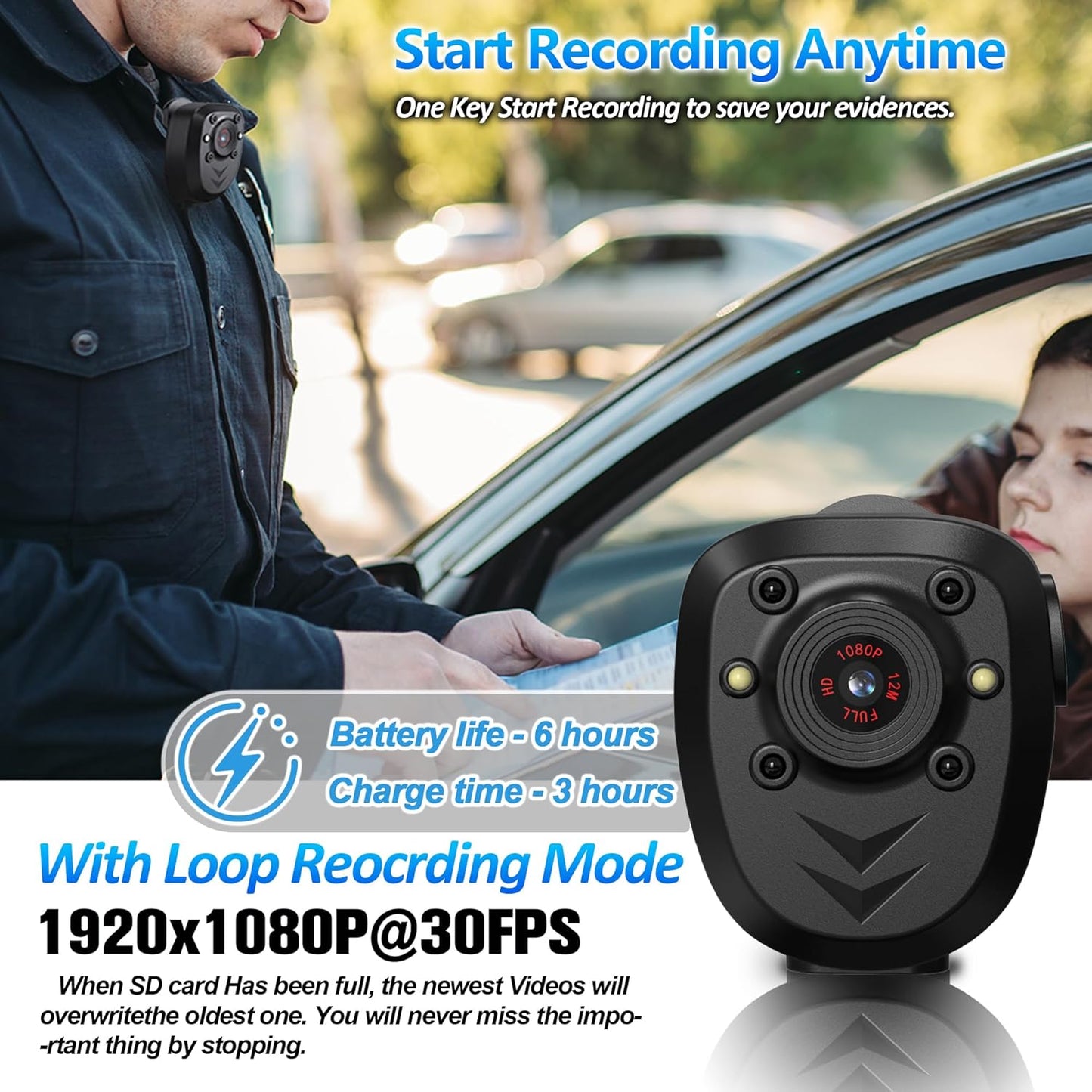 Compact HD 1080P Body Camera with 128GB Built-In Memory, Night Vision IR, Loop Recording, and 4-6 Hour Battery Life for Law Enforcement and Security Applications