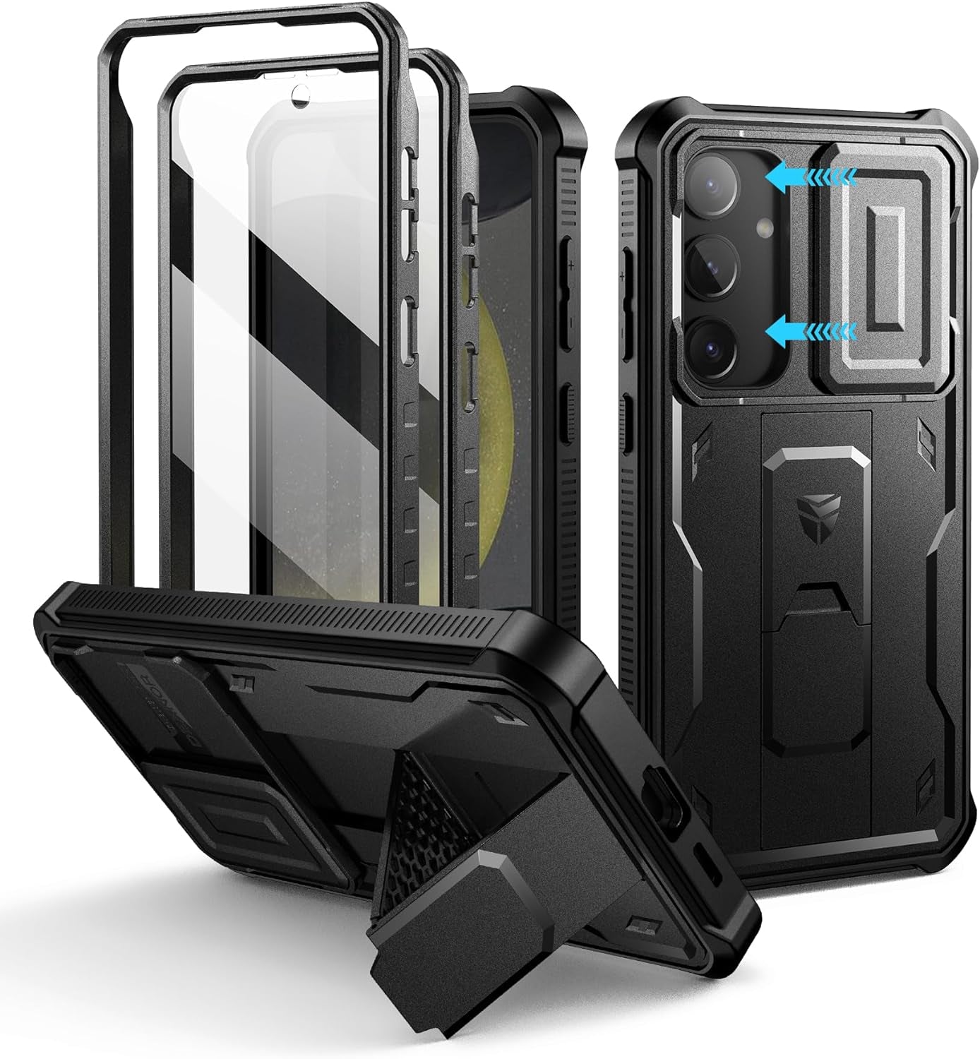 Samsung Galaxy S24 Ultra Heavy-Duty Rugged Case with Built-In Slide Camera Cover, Screen Protector, and Kickstand - Black