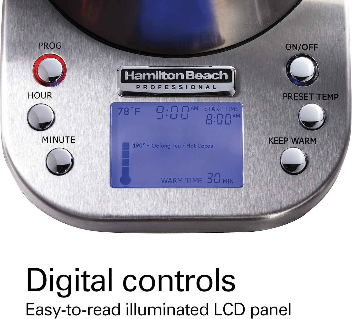 Hamilton Beach 41028 Professional Electric Kettle with Digital Controls, Six Preset Temperatures, LCD Display, 1500 Watts, Silver