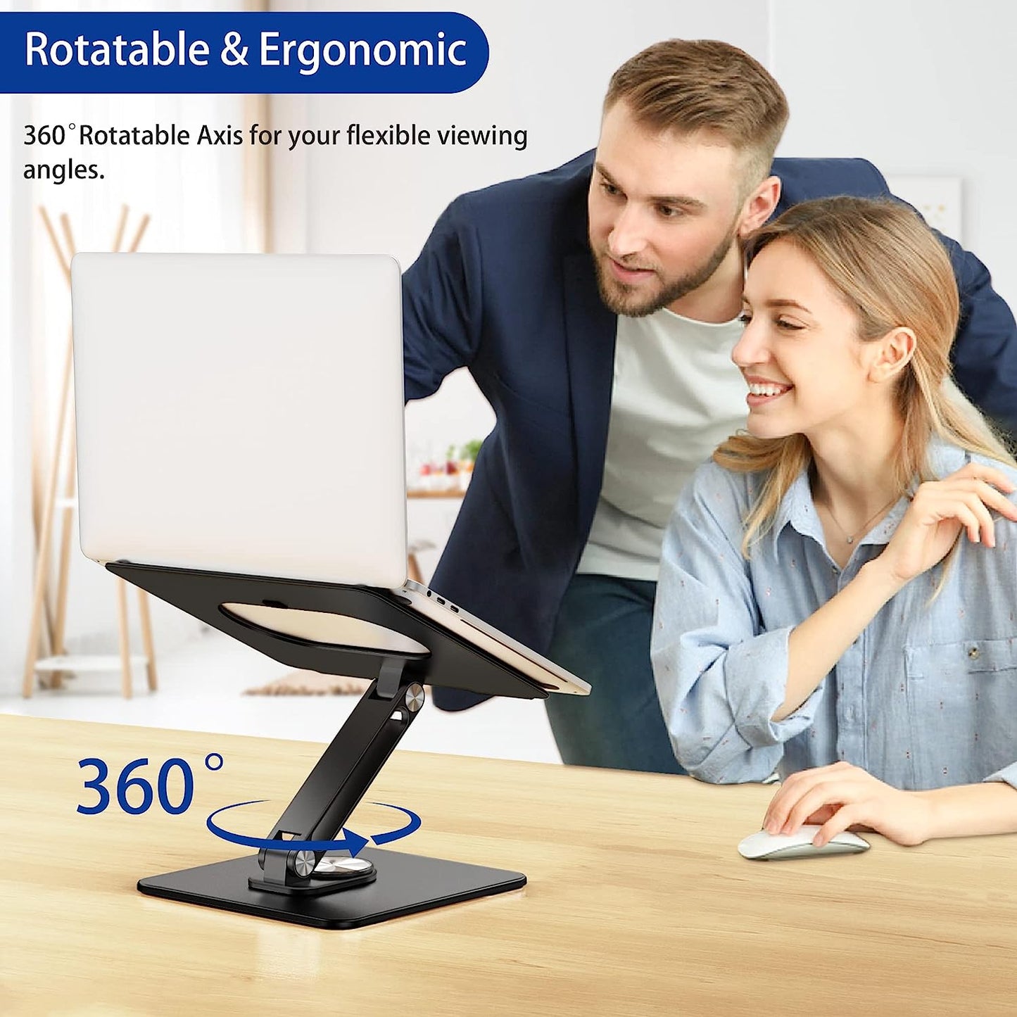 LSX7 Ergonomic Laptop Stand with 360° Rotating Base, Adjustable Riser for 10-15.6" Laptops, (Black)