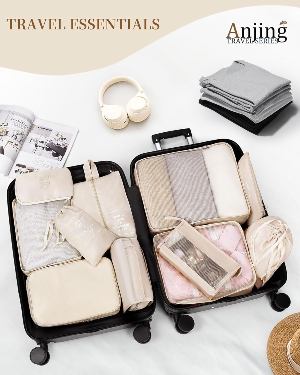 11-Piece Packing Cube Set for Travel - Space-Saving, Water-Resistant Luggage Organizers in Beige