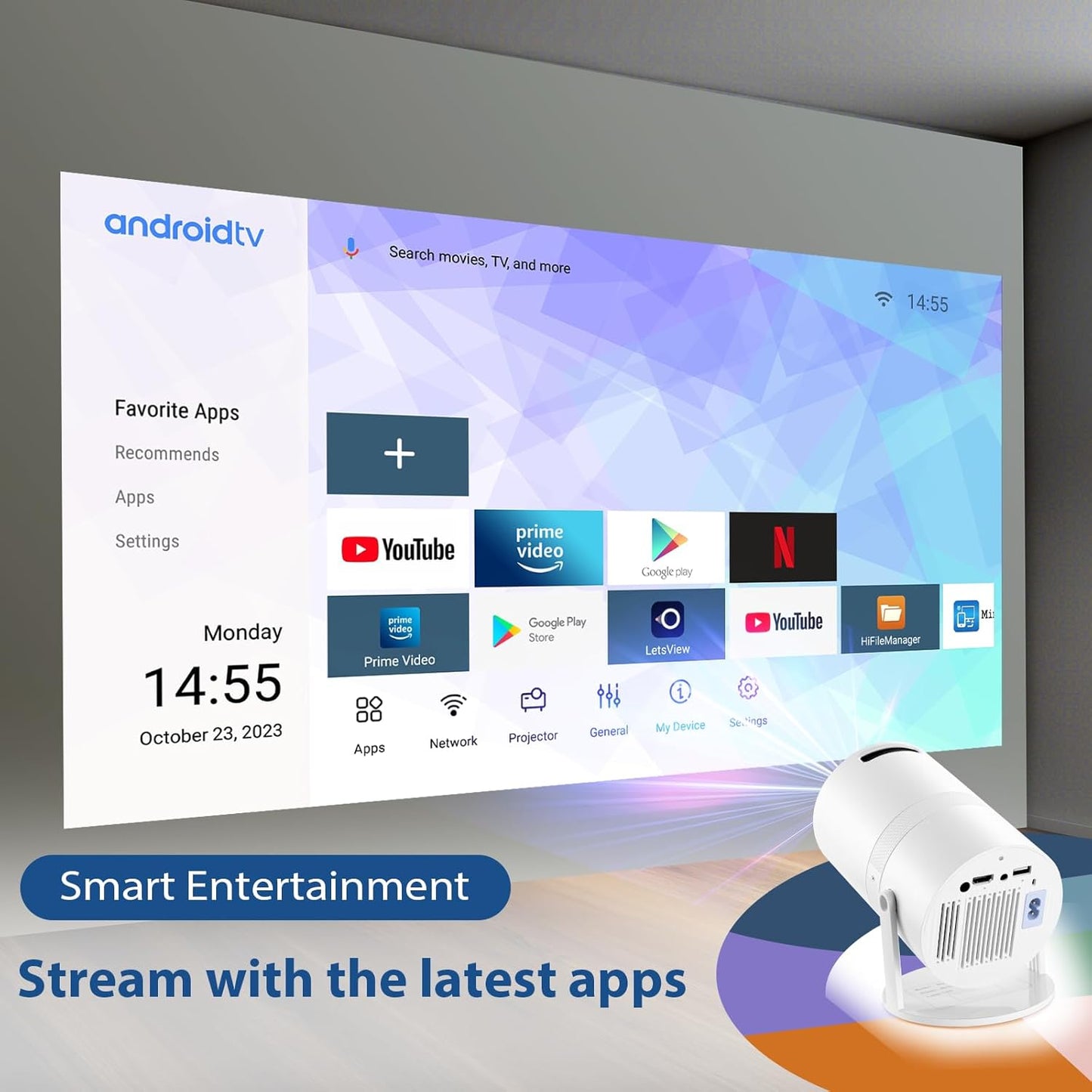 Mini Projector with WiFi 6 and Bluetooth 5.0, Featuring Android 11 OS, Automatic Keystone Correction, 180 Viewing Angle, 130-Inch Display