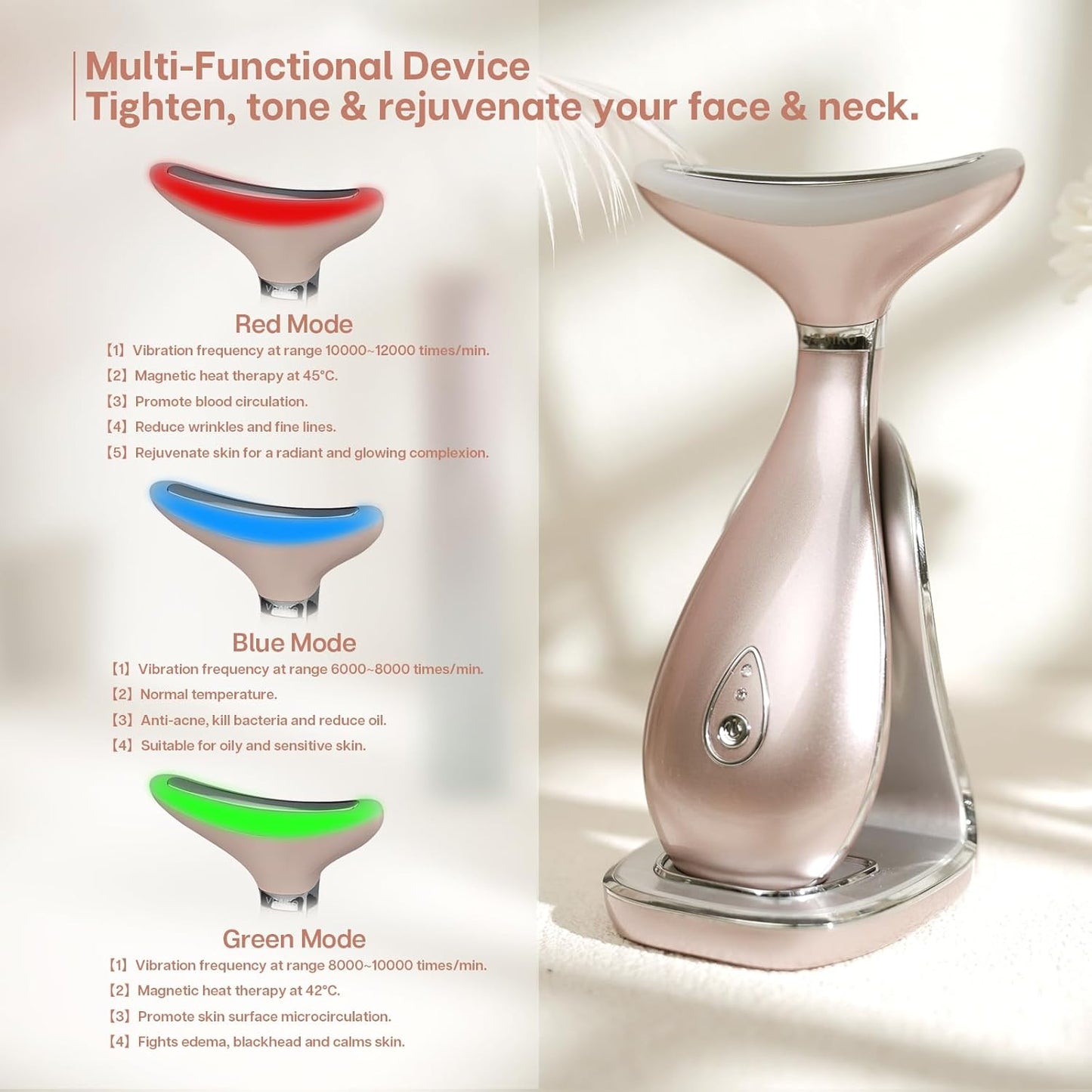 3-in-1 Skin Rejuvenation Beauty Device: Neck and Face Massager, At-Home Facial Spa Tool, and Microglow Handset in Rose Gold