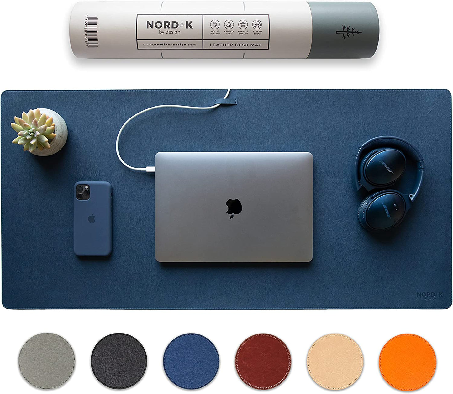 Nordik Leather Desk Mat Cable Organizer - Midnight Blue 89 X 43 Cm - Premium Extended Mouse Mat for Home Office Accessories - Felt Vegan Large Leather Desk Pad Protector & Desk Blotter Pads Decor