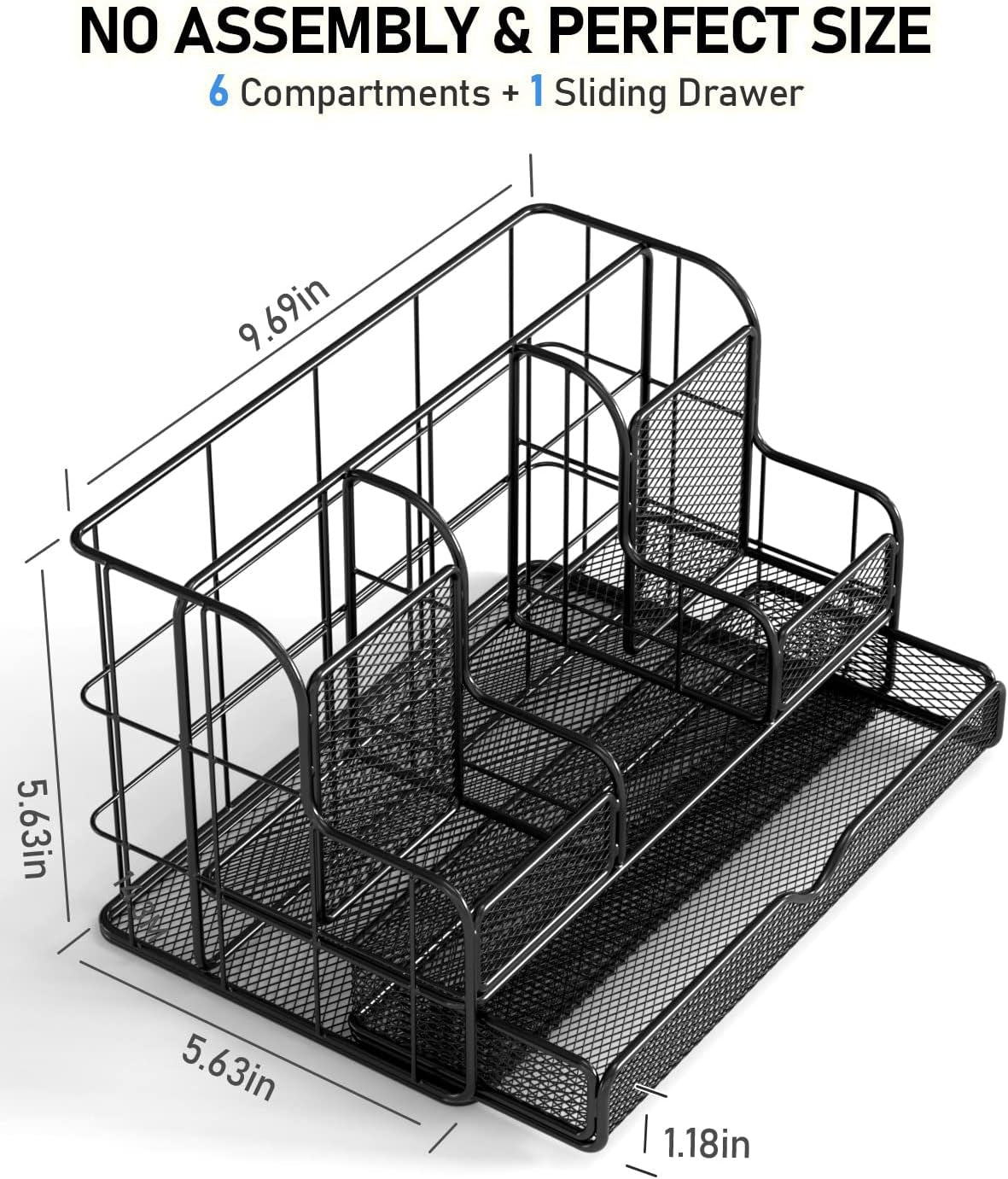 Black Mesh Desktop Organizer Set with Drawers, Pen and Phone Holders, 72 Paper Clips, and Office Supply Caddy for Home and Office Use