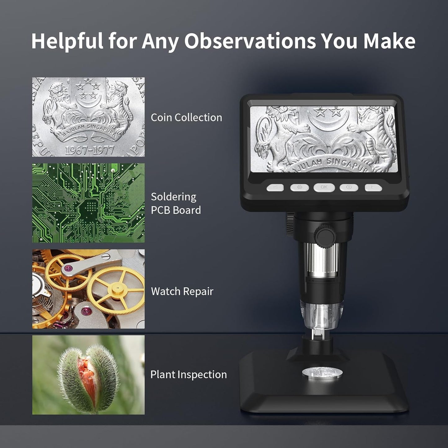 Digital Microscope for Adults and Kids - 500X Magnification, 1080P Resolution, 8 LED Lights, Rechargeable, for macOS & Windows